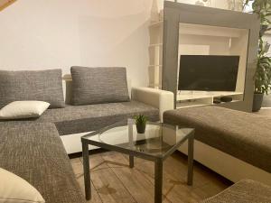 een woonkamer met een bank en een tv bij Ferienwohnung mit Ausblick in Mömbris