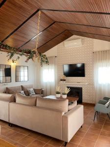 a large living room with couches and a tv at Casa rural La Alcaparra in Écija