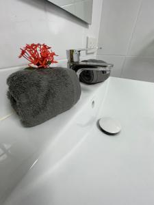 a bathroom counter with a towel and a plant on it at Vanara Bungalows in Ko Chang