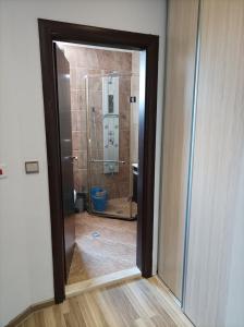 a glass door leading to a bathroom with a shower at One Bedroom Apartment 10 - Vasil Aprilov 64 Plovdiv in Plovdiv