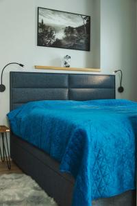 a bed with a blue comforter in a bedroom at Berta's Apartments in Děčín