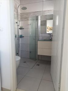 uma casa de banho com um chuveiro, um lavatório e um WC. em נוגה בגולן em Katzrin