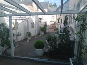 einen leeren Innenhof mit Topfpflanzen in einem Gebäude in der Unterkunft Ferienwohnung Sunna in Lieser