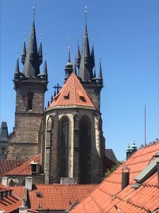 eine alte Kirche mit Türmen und roten Dächern in der Unterkunft Hotel Metamorphis in Prag
