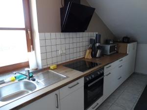 cocina con fregadero y encimera en Ferienwohnung Waldweg, en Grafenwiesen