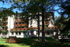um grande edifício branco com árvores em frente em Hotel Des Geneys em Bardonecchia