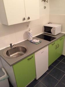 a small kitchen with a sink and a microwave at Studio Luka in Crikvenica
