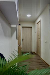 un pasillo vacío con una puerta y una planta en Apartament in the City Center en Rokiškis