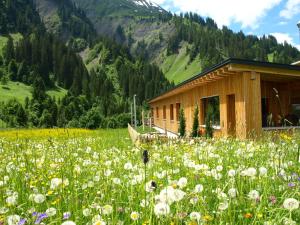 a field of flowers in front of a building at Vital Chalet Edelweiss in Schröcken