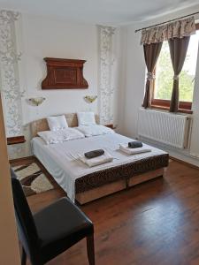 um quarto com uma cama, uma cadeira e uma janela em Merlot Borhotel és Látványpince em Edelény
