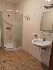 a bathroom with a shower and a sink at Merlot Borhotel és Látványpince in Edelény