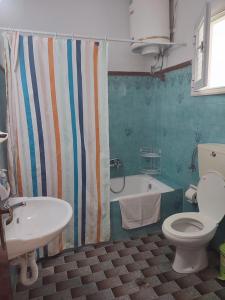 a bathroom with a toilet and a tub and a sink at Eftichia Apartment in Roda