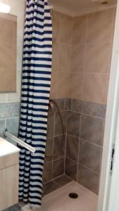 a shower with a blue and white shower curtain in a bathroom at Gîte les Platanes in Sainte-Hélène-du-Lac