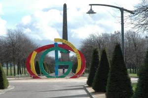 a large sign in the middle of a park at The Nelson - Spacious City Property and Free Parking in Glasgow