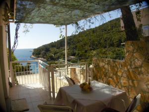 a table on a balcony with a view of the ocean at Apartments by the sea Cove Saplunara, Mljet - 12849 in Maranovići