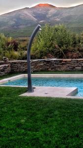 uma escultura de metal na relva ao lado de uma piscina em Casa CARMA em Campillo de Ranas