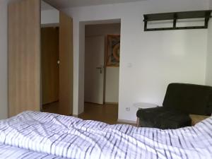 1 dormitorio con 1 cama y 1 silla en Apartment am Gifizsee Offenburg, en Offenburg