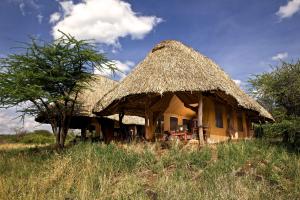 Elewana Lewa Safari Camp في Meru: كوخ بسقف من القش في ميدان