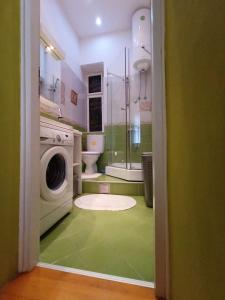 un bagno verde con lavatrice e lavatrice di Evergreen a Belgrado