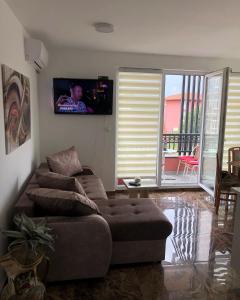 salon z kanapą i telewizorem z płaskim ekranem w obiekcie Apartman Pino w mieście Veliko Gradište