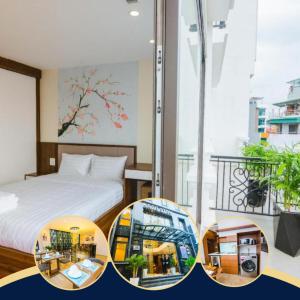 a hotel room with a bed and a balcony at HANA Stay in Hanoi