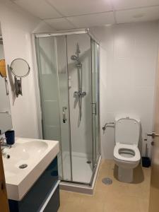 La salle de bains est pourvue d'une douche, de toilettes et d'un lavabo. dans l'établissement Luxury 2 bedroom 2 bathroom South facing second floor apartment, à Los Martínez