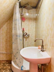 a bathroom with a sink and a shower at Гостевой дом с панорамными окнами in Gyumri