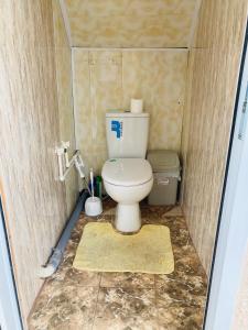 a small bathroom with a toilet in a stall at Гостевой дом с панорамными окнами in Gyumri
