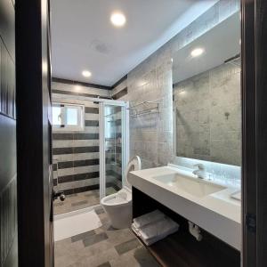 La salle de bains est pourvue d'un lavabo, de toilettes et d'une douche. dans l'établissement 芙蘿拉萃旅, à Taïtung
