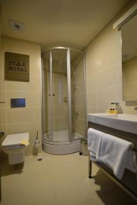 a bathroom with a shower and a toilet and a sink at Hotel Star Royal in Igdır