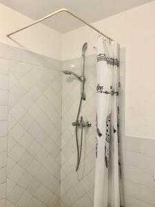 a shower with a shower curtain in a bathroom at Baobab Village Studio in Dar es Salaam