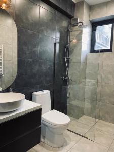 un bagno con wc e doccia in vetro di Kazbegi Stylish Apartment a Kazbegi
