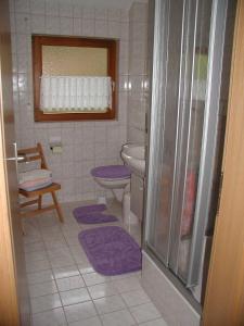 y baño con aseo y ducha con alfombras púrpuras. en Ferienwohnung Herbert Best en Baiersbronn
