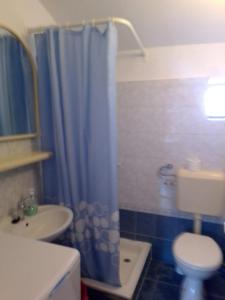 a bathroom with a toilet sink and a blue shower curtain at Family friendly apartments with a swimming pool Sutivan, Brac - 14737 in Sutivan