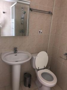 ein Badezimmer mit einem Waschbecken, einem WC und einem Spiegel in der Unterkunft Panoramic Holidays - Superior 17 in Peyia