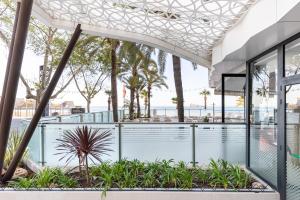 an outdoor pool with palm trees and a basketball hoop at Hotel Cimbel in Benidorm