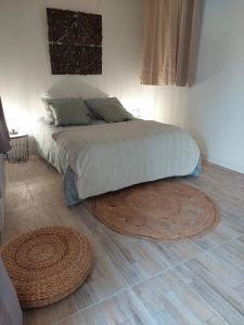 a bedroom with a bed and a large rug at Charmant Studio au calme 