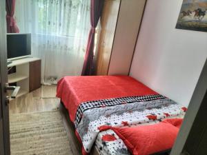 Schlafzimmer mit einem Bett mit einer roten Decke und einem TV in der Unterkunft Iuli in Iaşi