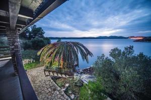uma vista de um lago com um banco e uma palmeira em Secluded fisherman's cottage Lavdara, Dugi otok - 398 em Sali