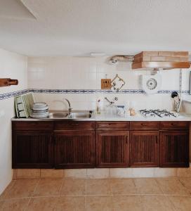 a kitchen with wooden cabinets and a sink at Quinta Penedo das Antas - AL in Sertã