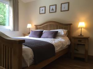 1 dormitorio con 1 cama con 2 lámparas y una ventana en Shellow Lane Lodges, en Congleton