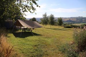a picnic table with a tent in a field at Heart of the Wye in Clifford