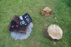 eine Aussicht über einen Picknicktisch und einen Log in der Unterkunft Heart of the Wye in Clifford