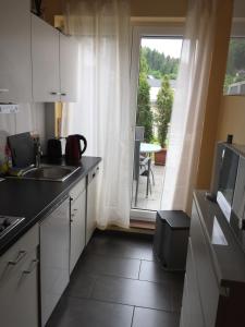 een keuken met een wastafel en uitzicht op een patio bij Studio-Apartment Sven in Bonn