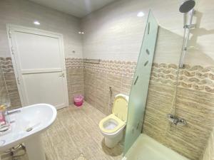a bathroom with a toilet and a sink and a shower at Private Cottage in Sharjah