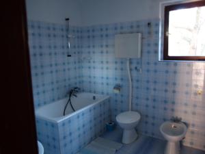 La salle de bains est pourvue de carrelage bleu, d'une baignoire et de toilettes. dans l'établissement Apartments by the sea Brna - Vinacac, Korcula - 13344, à Prižba