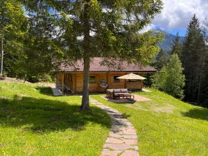 a log cabin with a picnic table and a tree at mei chalet - DAS BARBARA in Leutasch