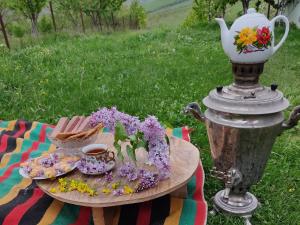 una mesa de picnic con un plato de comida y un jarrón en Bon Apart en Quba