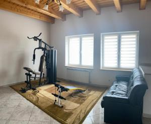 a living room with a couch and a gym at NOCLEGI Grojec 