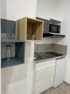 a small kitchen with a sink and a microwave at Studio confortable au centre de Manosque in Manosque +4 photos